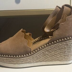 Brown Suede-Like Espadrille Wedge Sandals. Neutral tan color.